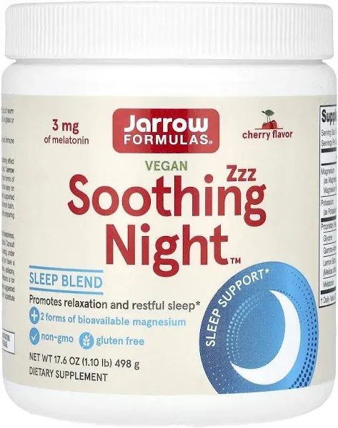 Jarrow Formulas Soothing Night, Cherry Flavor - 1.1 lb - Promotes Nighttime Relaxation & Rest - Includes Magnesium, Melatonin, GABA & Lemon Balm - 60 Servings