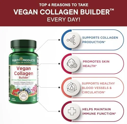 Vegan Collagen Builder - Organic Whole Foods Fruits + Veg, Silica, Lutein, Vitamin C, Biotin, Grape Seed - Amino Acids Glycine, Lysine + Proline Collagen Boosters - Once A Day - 30 Tablets