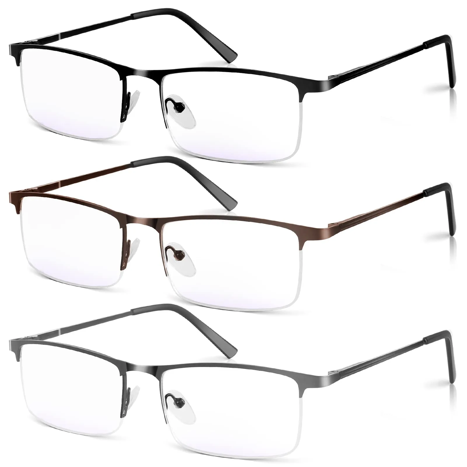 3 Pack Blue Light Blocking Reading Glasses for Men, Stylish Half Frame Metal Computer Readers, Lightweight Spring Hinge Eyeglasses Anti Eyestrain/Glare/UV (2PCS Gray+1PCS Black,+3.0)