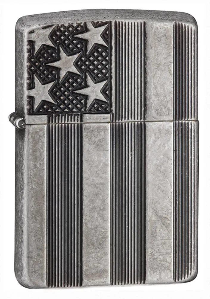 Zippo 28974, American Flag Deep Carved Armor Antique Silver Lighter