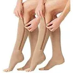 ACTINPUT 2 Pairs Compression Socks Toe Open Leg Support Stocking Knee High Socks with Zipper (Nude, L/XL)