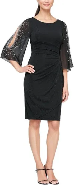 Alex Evenings Women's Short Sheath Dress with Embellished Illusion Split Sleeves and Skirt