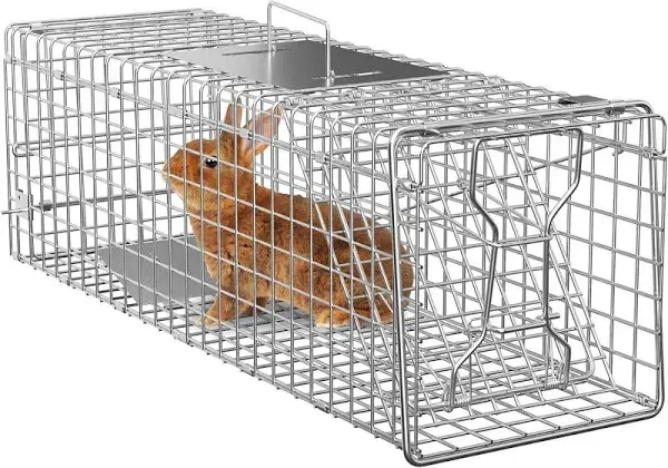 VEVOR Live Animal Cage Trap, 31" x 10" x 12" Humane Cat Trap Galvanized Iron, Folding Animal Trap with Handle for Rabbits, Stray Cats, Squirrels, Raccoons, Groundhogs and Opossums