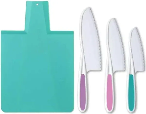 Tovla Jr. Kids Kitchen Knife and Foldable Cutting Board Set: Children's Cooking Knives in 3 Sizes & Colors/Firm Grip, Serrated Edges, BPA-Free Kids' Knives/Safe Lettuce and Salad Knives… (Blue)