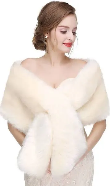 Women's Faux Fur Shawl Wrap Stole Shrug Winter Bridal Wedding Cover Up