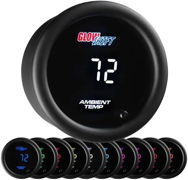 GlowShift 10 Color Digital Air Temperature Gauge Kit - Reads Outside Air Temp from -40-200 Degrees F - includes Sensor - Multi-Color LED Display - Tinted Lens - 2-1/16" (52mm)