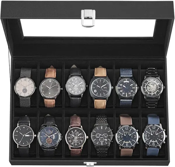 Watch Box, 12-Slot Watch Case with Large Glass Lid, Removable Watch Pillows,