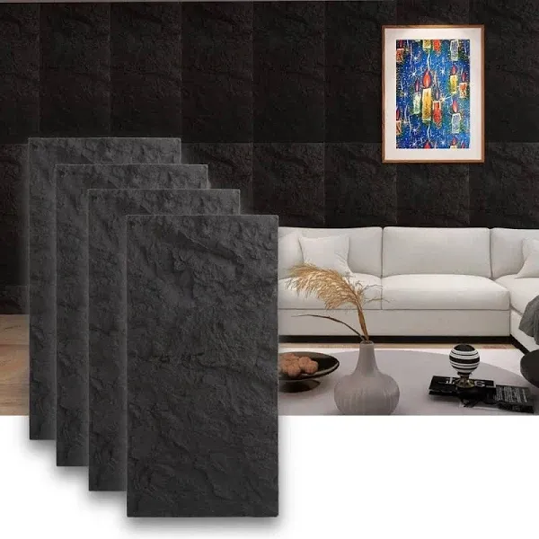 4PCS PU Stone Wall Panels|3D Wall Panels|Wall Panels for Interior Wall Decor|Faux Stone Wall Panel for Accent Wall Decor|Sophisticated & Stylish 3D Wall Decor|47.24"*23.62"*1.18" |‎Dark Black