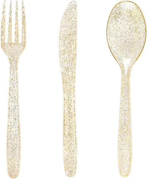 WDF 360 Gold Plastic Silverware - Disposable Gold Glitter Plastic Cutlery - P...