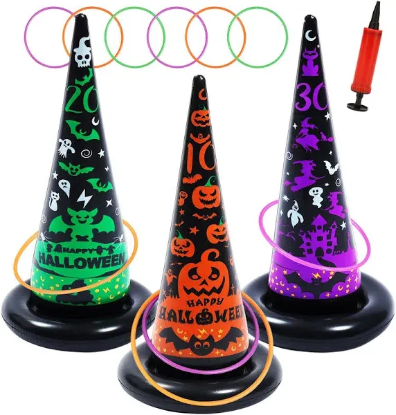 10PCS Halloween Inflatable Witch Hat Ring Toss Game Halloween Games with 8 Rings and Pump Halloween Decorations Gift for Kids Adults Family Party Games