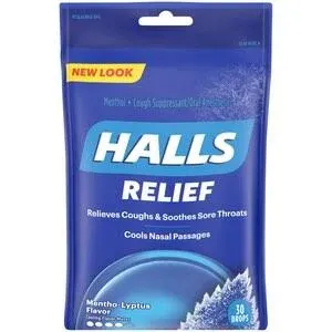 1x Bag HALLS Relief Menthol Flavor Soothing Oral Cough Drops | 30 Drops Per Bag