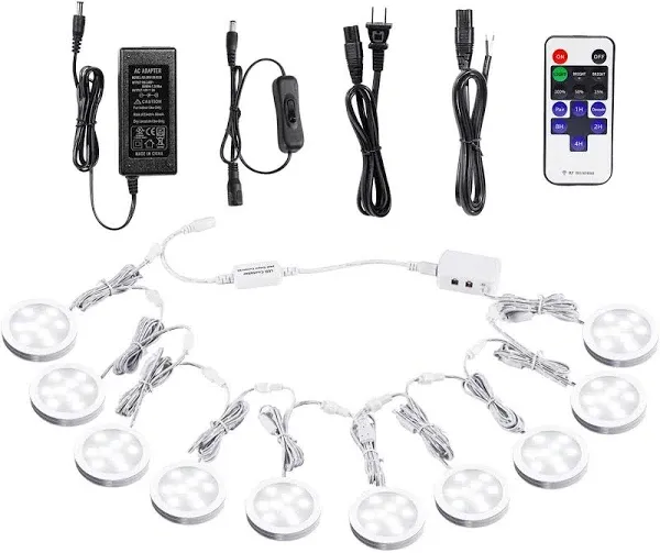 LED Dimmable Cabinet Light Kit 12V Adapter 6 Discs Wireless Remote Warm White