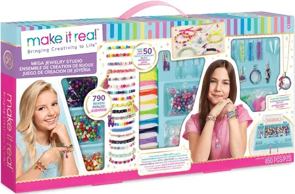 Make It Real - Mega Jewelry Studio - DIY Bead Necklace and Bracelet Making Kit for Tween Girls - Arts and Crafts Kit with Beads and Charms for Unique Jewelry Making - Includes Case