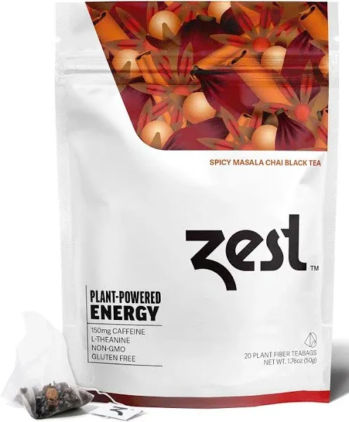 Zest 150mg High Caffeine Energy Leaf Blend Spicy Masala Chai Black Tea - 20 Pack