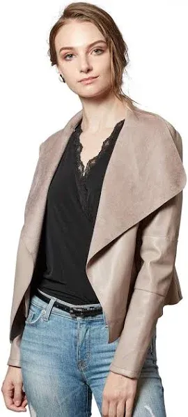 Escalier Women&#039;s Faux Leather Jackets Slim Open Front Lapel Blazer Jackets