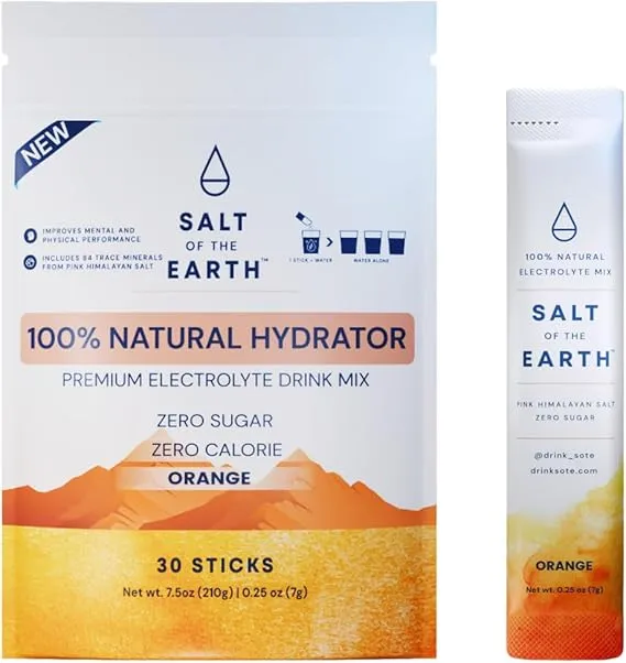 Salt of the Earth Premium Zero-Sugar Electrolyte - Made with Pink Himalayan Salt - Hydration Powder Packets | Premium Ingredients | Keto & Paleo Friendly | 30 Sticks, Orange