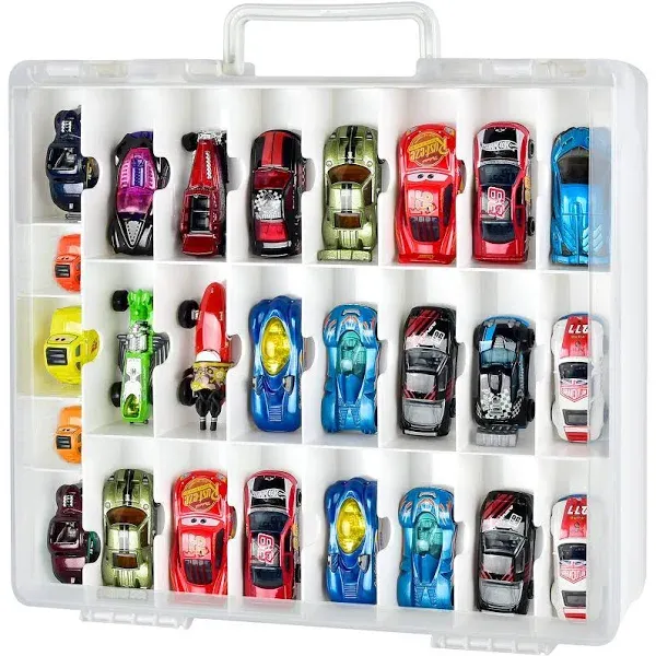 FULLCASE Toys Organizer Storage Compatible with Hot Wheels Car, Container for Matchbox Cars, Mini Toys, Small Dolls, Double Sided Carrying Box for Hotwheels Car- 48 Compartments(Box Only) White