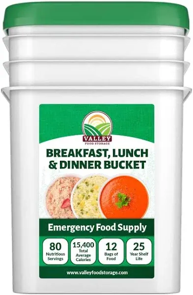 80 Serving Breakfast, Lunch & Dinner Bucket | Premium Emergency Food Supply | Survival Food 25 Year Shelf Life | Camping Food, Backpacking Meals, Prepper Supplies | Valley Food Storage Packaged in USA