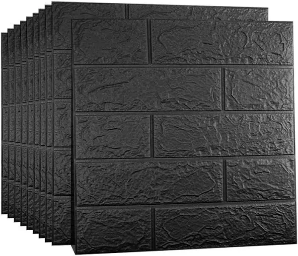 10 PCS Black 3D Wall Panels, 14.5 sq.feet Coverage, Printable Wallpaper Sticker with Self-Adhesive Waterproof Brick PE Foam Wall Panels Peel and Stick for Interior Wall Decor, Home Decoration