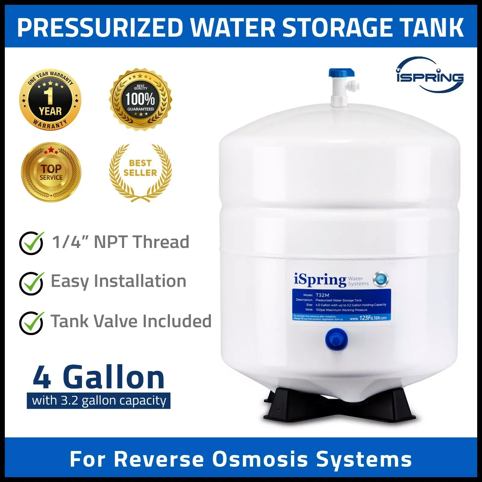 iSpring T32M Pressurized Water Storage Tank with Ball Valve for Reverse Osmosis RO Systems, 4 Gallon, 1/4" Tank Valve Included