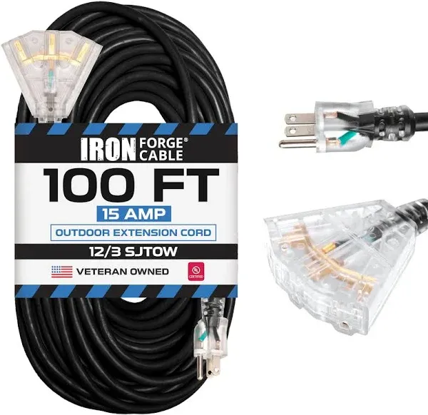 IRON FORGE CABLE 100 Ft Heavy Duty Extension Cord with 3 Outlets, SJTOW Oil Resistant 12 Gauge Cord 100ft with Multiple Outlets, Flame Resistant 12/3 Black Cable with 3 Prong for Farm & Ranch