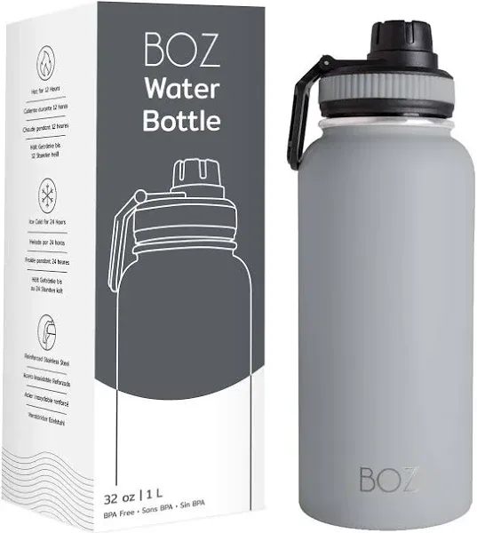 BOZ Stainless Steel Water Bottles 2 Pack Bundle - Blue Water Bottle + Black Water Bottle - Vaccum Insulated Water Bottles 32 Oz - Wide Mouth BPA Free Sport Water Bottles for Gym with Spout Lid