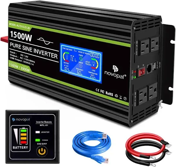 Novopal 1500 watt Pure Sine Wave Power Inverter DC 12V to 110V/120V Converter 4 AC Outlets Rv Inverters with USB Port 16.4ft Remote Control and LCD Display