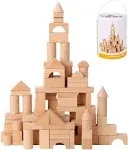 Pidoko Kids Wooden Building Blocks Set - 100 Pcs Natural Beech Wood Stacking