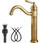 Antique Brass Single Handle Bathroom Sink Faucet Brushed Brass Long Reach Bathroom Faucet Mixer Tap Brushed Brass Pop Up Drain Without Overflow Included Hot and Cold Water