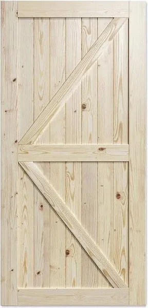 SmartStandard 42in x 80in Sliding Barn Wood Door Pre-Drilled Ready to Assemble, DIY Unfinished Solid Spruce Wood Panelled Slab, Interior Single Door Only, Natural, K-Frame (Fit 7FT-8FT Rail)