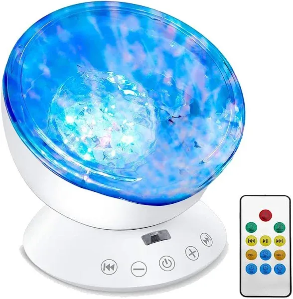 Ocean Wave Projector, Mermaid Decor Night Light Lamp 7 Color Mood Lights Sound Machine with Remote Control and Built-in White Noise Sleep Sounds for Gifts Girls Kids Boys Bedroom Living Room(White)