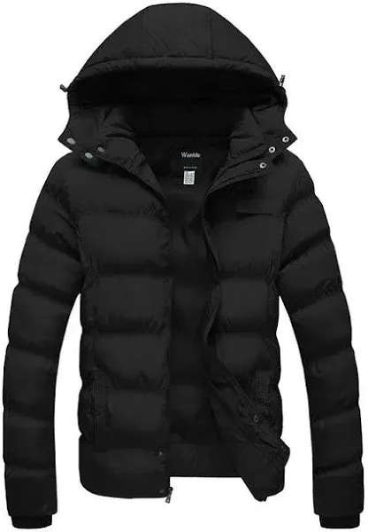 Wantdo Men's Recycled Winter Coat Warm Quilted Winter Jacket Recycled Puffer Jacket with Removable Hood Black L