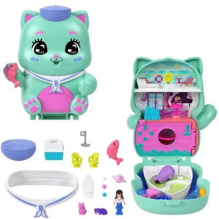 Polly Pocket Dolls and Playset, Set Sail Kitty Compact, Travel Toy with 1 Micro Doll, Pet Cats, Food & Fashion Styling Accessories