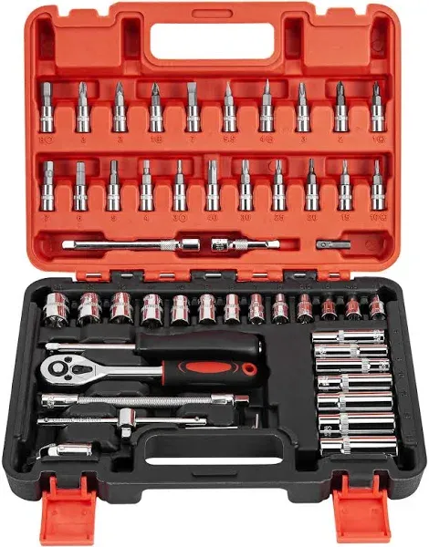 CARTMAN 53 Pieces 1/4 inch Drive Socket Ratchet Wrench Tool Set, with Bit Socket Set Metric and Extension Bar for Auto Repairing and Household, with Storage Case