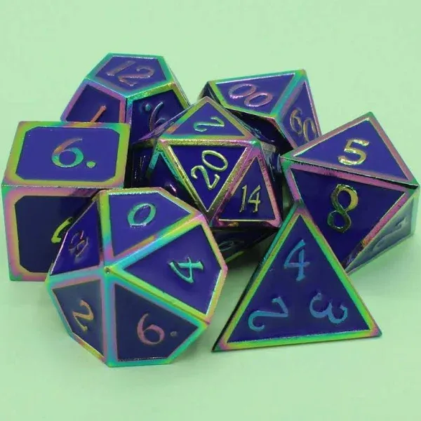 Purple Metal Dice Set D&D, DNDND 7 Die Enamel Polyhedral DND Dice Set with Metal Tin for Dungeons and Dragons and Role Playing Game