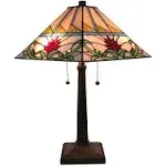 Tiffany Style Table Lamp Banker Mission 22&#034; Tall Stained Glass Tan Green Blue