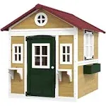 Outsunny Playhouse for Kids Outdoor, Wooden Playhouse with Doors, Windows, Planter Pots and Boxes for Toddlers 3-8 Years, Backyard, Indoor, Beige