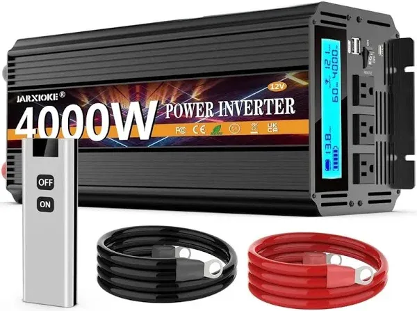 JARXIOKE 4000 Watt Power Inverter 12V DC to 110V 120V Converter for Family RV Off Grid Solar System Car with Type-C Ports 3 AC Power Outlets Dual