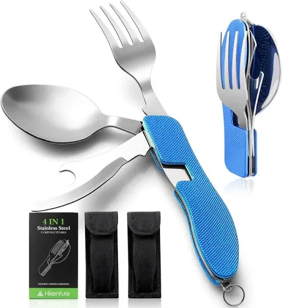 HIKENTURE 4-in-1 Camping Utensils,Stainless Steel Spoon Fork Knife Bottle Opener Set,Backpacking Eating Cutlery for Traveling,Hiking,Scouting