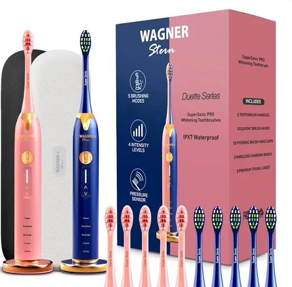 Wagner Stern. Duette Series. 2 Electric toothbrushes with Pressure Sensor. 5 Brushing Modes and 4 Intensity Levels, 10 Dupont Bristles, 2 Premium Travel Cases. (Burgundy/Black)