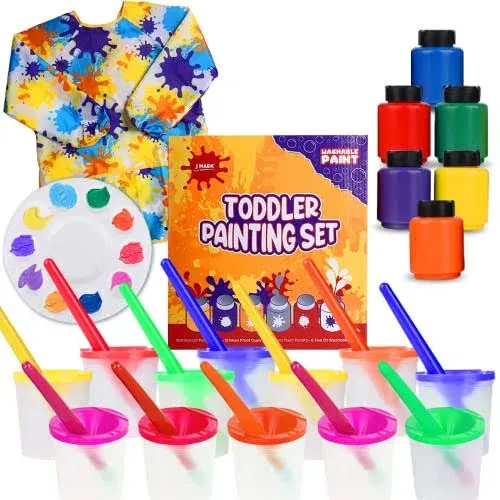 J MARK 32 Piece Toddler Painting Set – Spill Proof Paint Cups for Kids