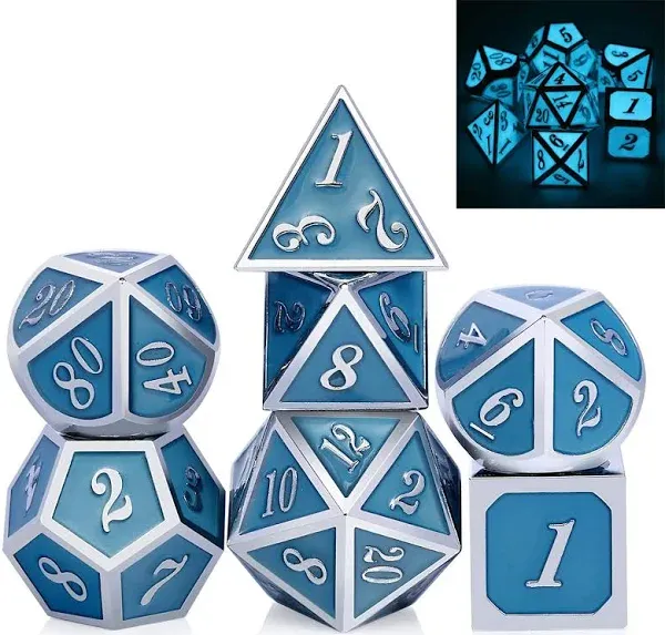 DnDnD glowing dnd metal dice set,luminous blue metal dice for role playing game dungeons and dragons rpgs and other table games