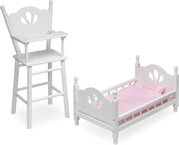 Toy Doll English Country High Chair and Bed Set with Chevron Bedding and Pers...