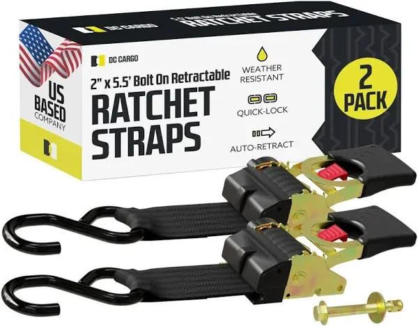 DC Cargo Bolt-on Auto Retractable Ratchet Straps - (2 Pack) 2 Inch x 5.5 Ft - 1,333 lbs Break Strength - Retractable Ratchet Tie Down Straps for Boats, Jet Skis, Motorcycles, ATVs