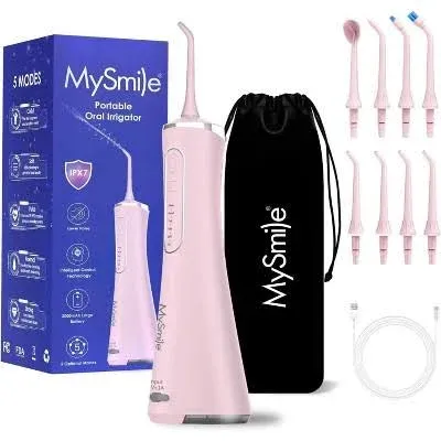 MySmile LP211 Cordless Advanced Water Flosser for Teeth Pink and White Combo 5 Cleaning Modes Rechargeable Power Dental Flosser 8 Replacement Jet Tips IPX 7 Waterproof Dental Irrigador Travel Storag