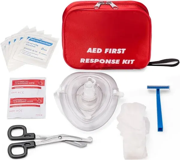 AED First Kit with CPR, Gloves, Razor, Scissors, Gauze Pads, and Cleansing Wipes for AED Training