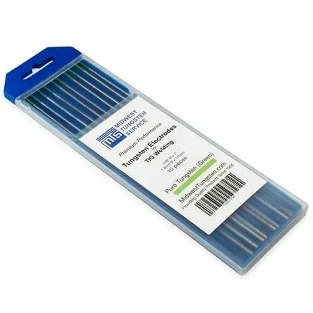 TIG Welding Tungsten Electrodes Pure Tungsten 1/16” x 7” Green WP 10-Pack