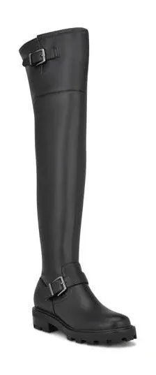 Nine West Boots Nans Women's Over-The-Knee Lug Sole Black Faux Leather