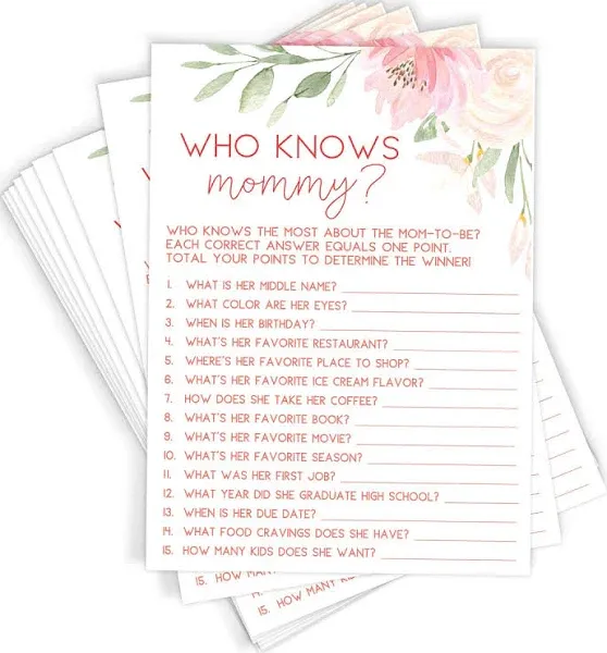 Printed Party Baby Shower Game, Who Knows Mommy Best, Floral, 50 Cards