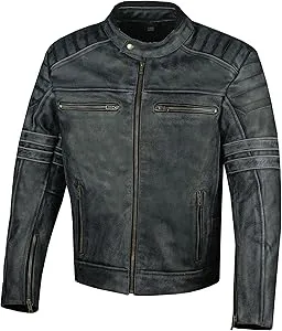 Men's SHADOW Motorcycle Jacket - Distressed Cowhide Leather – Armor High Visibility Vintage Biker Jacket Black XXL